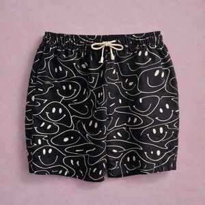 Negative Space Smiley Face Print Drawstring Shorts Size L